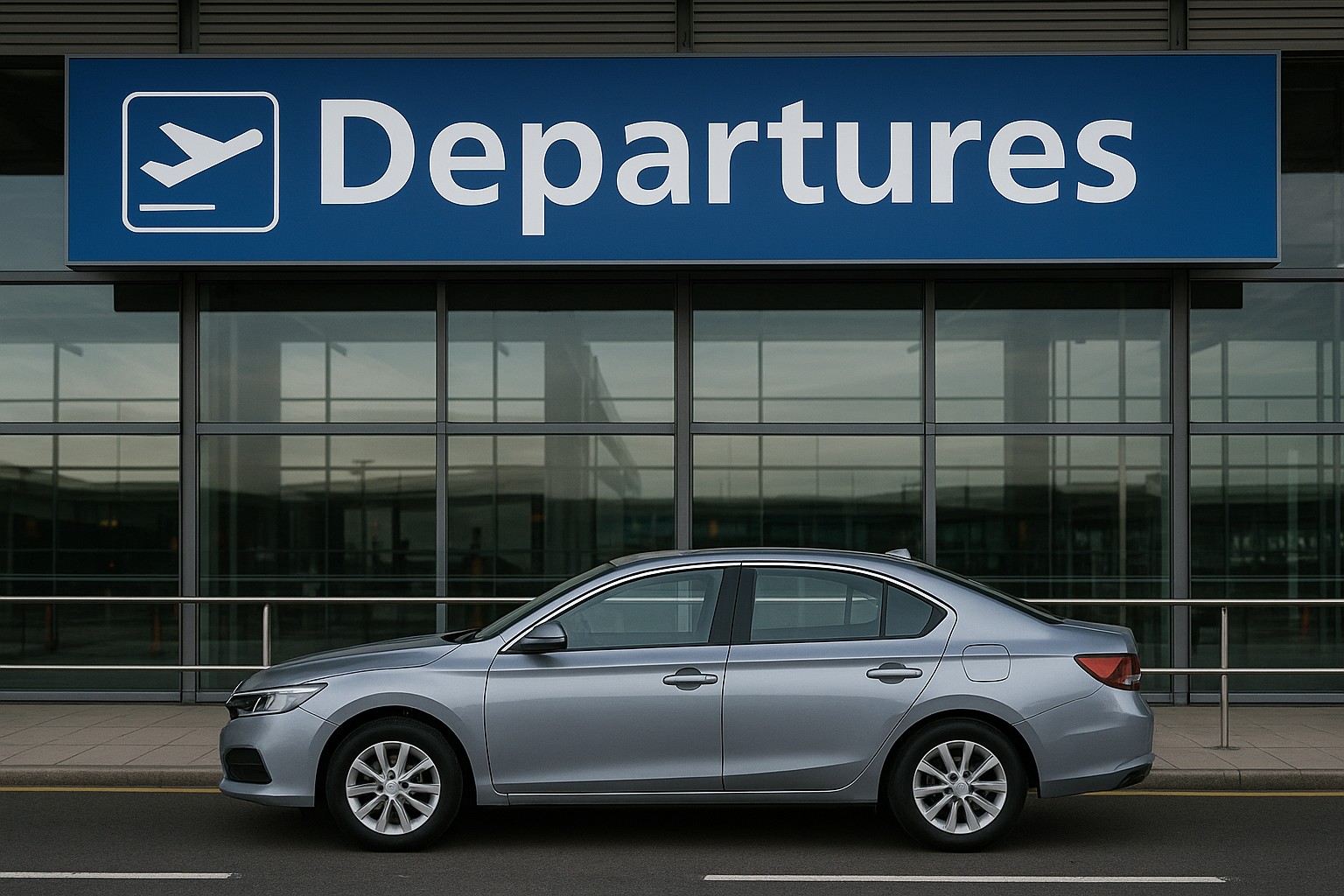 Silver saloon parked under a large Departures sign at a modern terminal