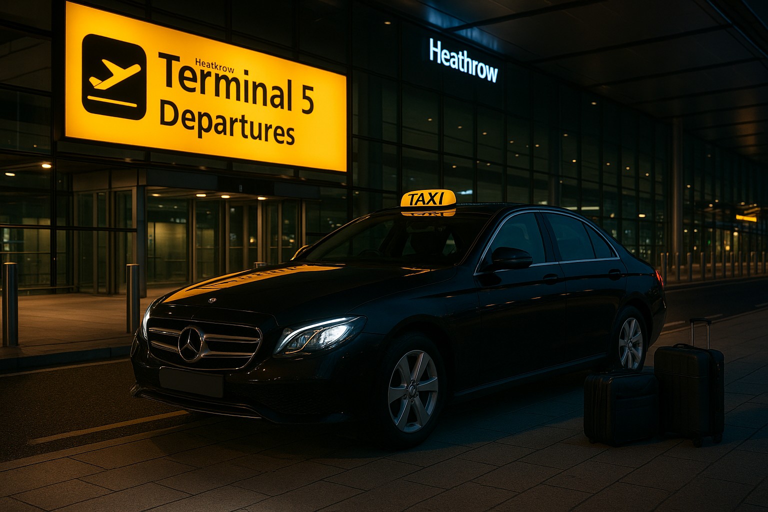 Black saloon taxi waiting outside Heathrow Terminal 5 Departures with luggage on the kerb